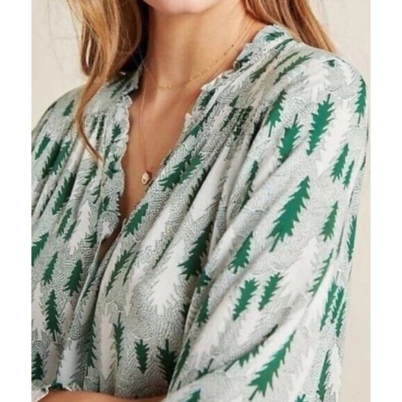 ANTHROPOLOGIE Maeve Pine Tree Blouse Boho Ruffles Xmas Graphic Preppy Fairy 4 S - Picture 2 of 8